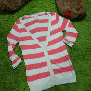 Forever 21 Long Coral and Cream Striped Cardigan